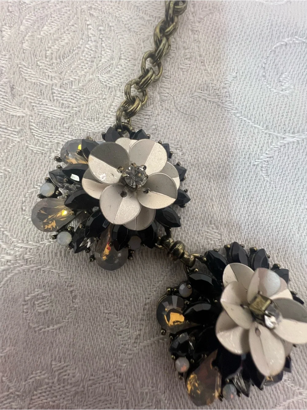 Vintage Necklace Flower Pendants White Enamel Petals Rhinestones Crystal Stones